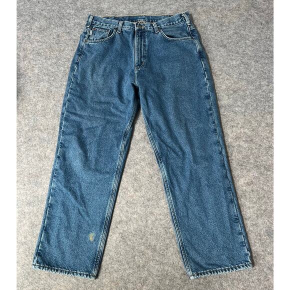 Carhartt Blue Denim Flannel Lined Relaxed Fit Jeans (B172 DST) Size 36Wx30L - Picture 1 of 9